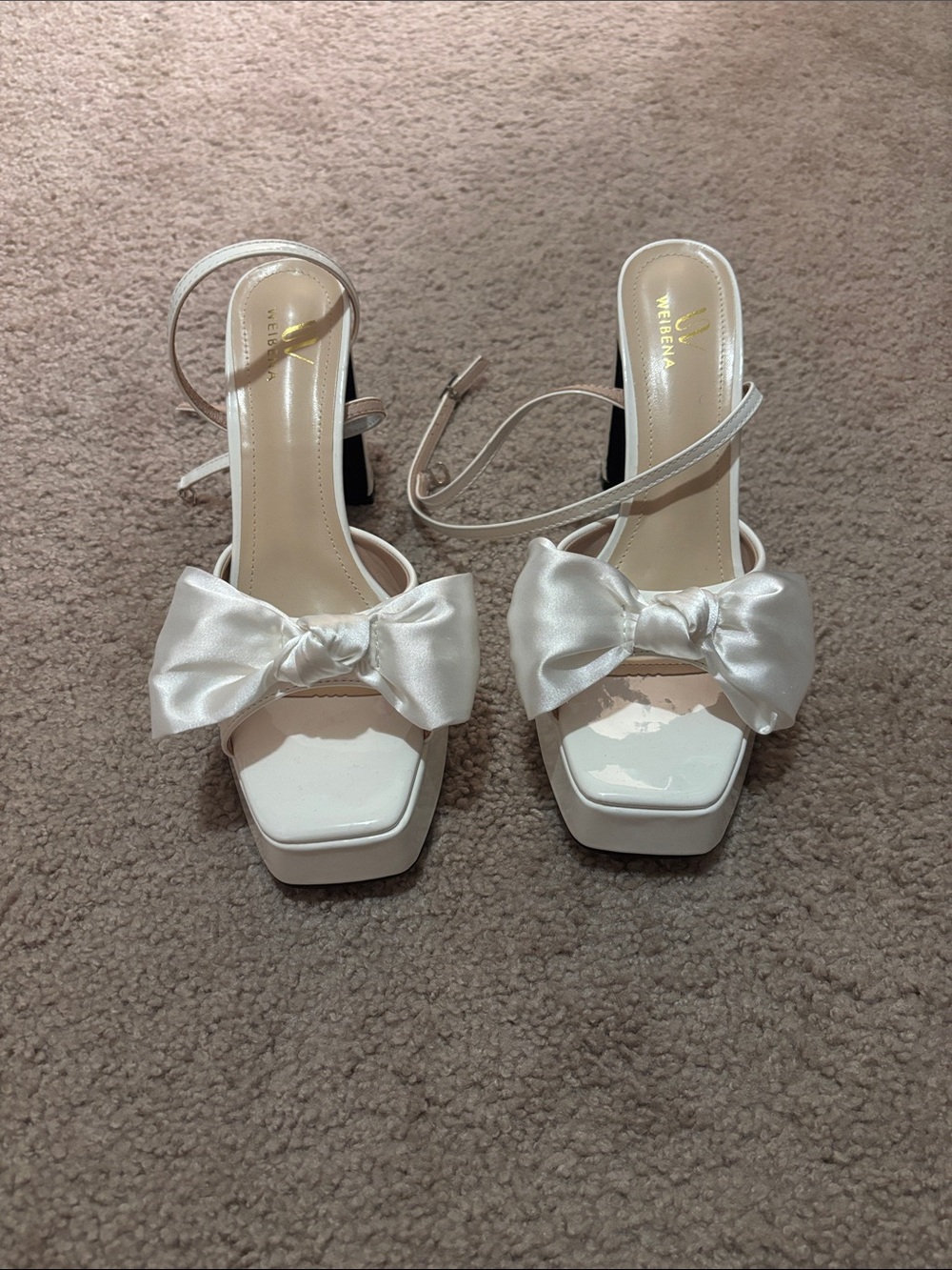 White Satin Bow Block Heel Sandals with Ankle Strap